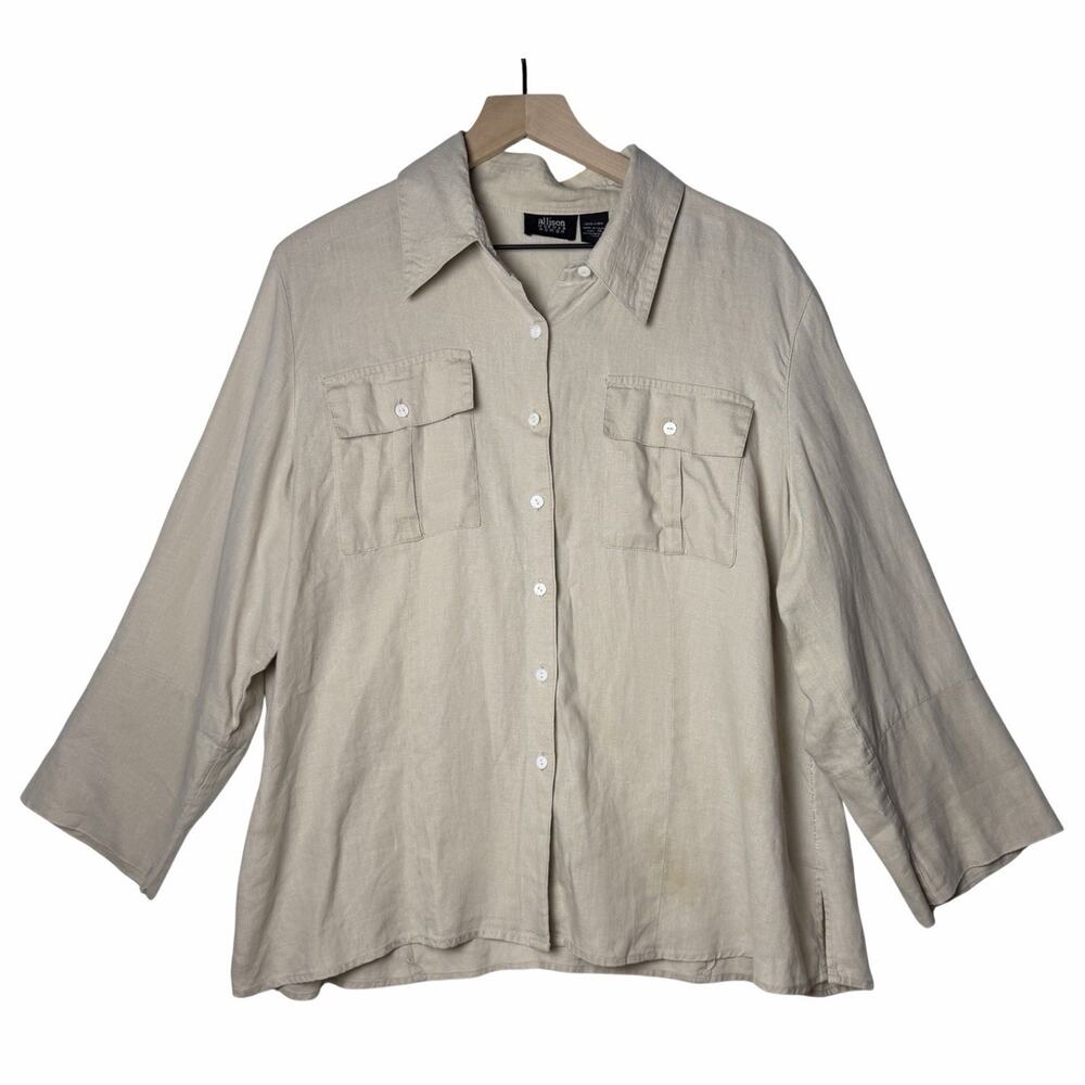 Allison Morgan Women 100% Linen Tan Button Down Blouse Plus size 1X